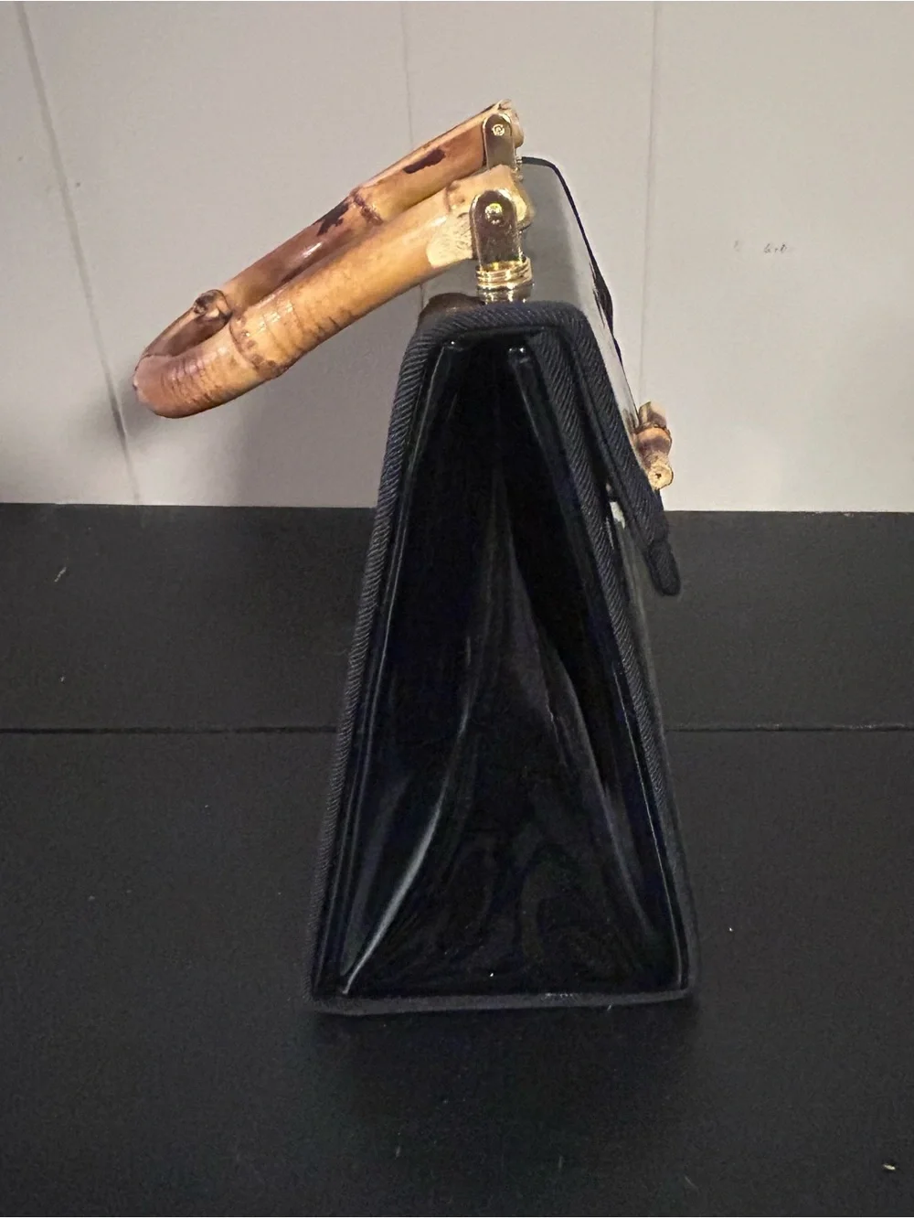 Black Patent Top-Handle Bag with Bamboo Accent